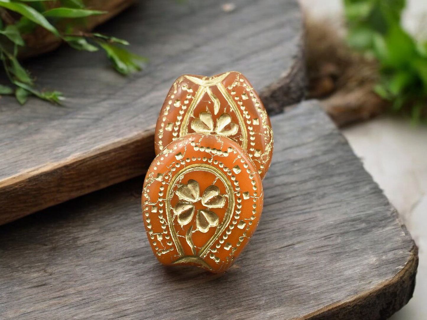 *2* 21x18mm Bronze Washed Tangarine Opal Lucky Horseshoe Beads