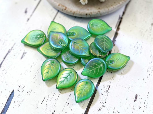 *25* 18x13mm Emerald Green Rainbow Iris Top Hole Leaf Beads