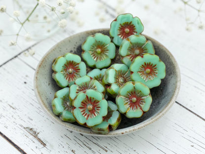 *12* 12mm Opaque Turquoise Picasso Hawaiian Flower Beads