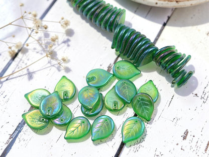 *25* 18x13mm Emerald Green Rainbow Iris Top Hole Leaf Beads