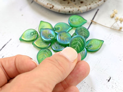 *25* 18x13mm Emerald Green Rainbow Iris Top Hole Leaf Beads