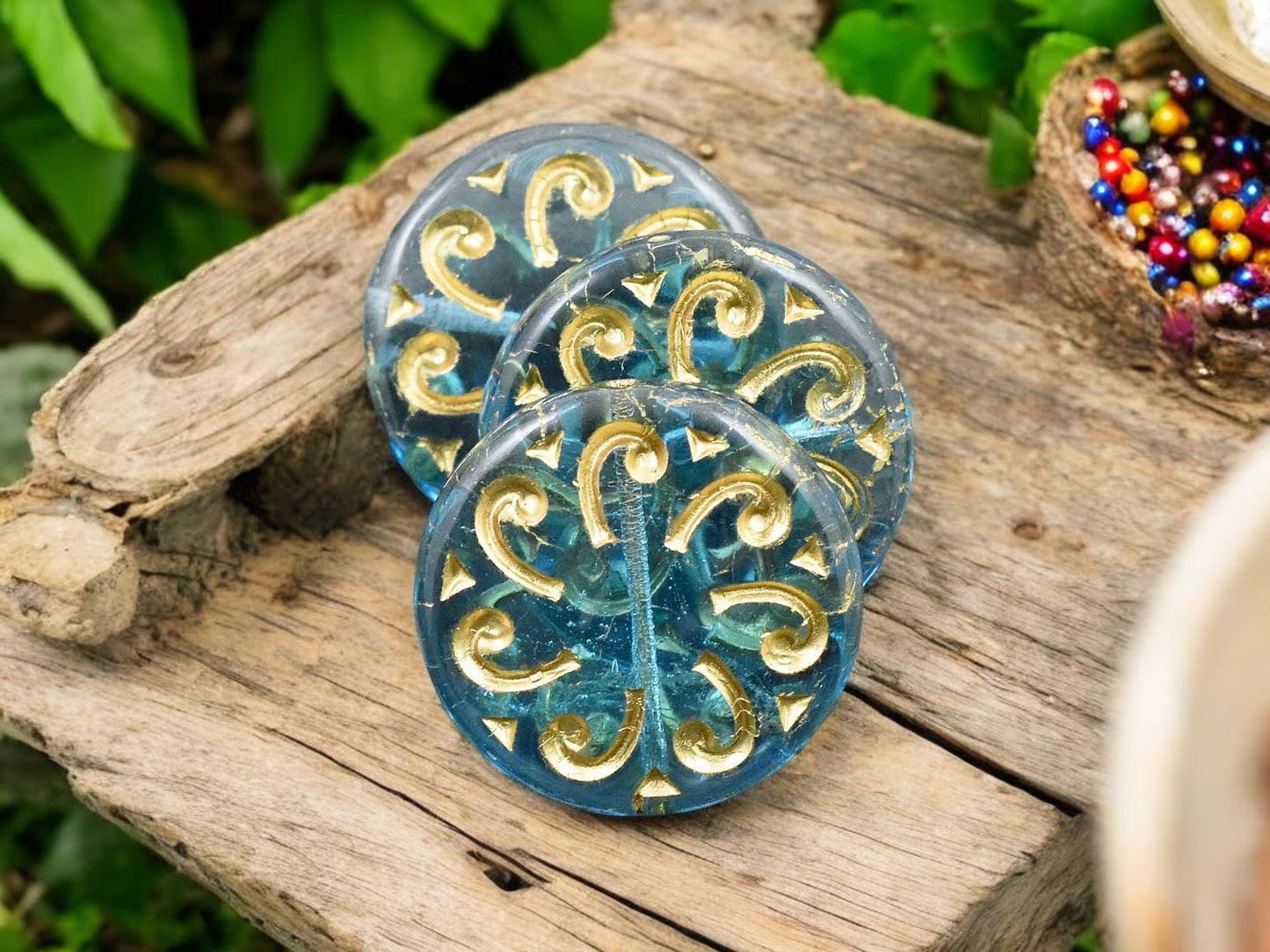 *2* 23mm Gold Washed Aqua Sun Coin Beads