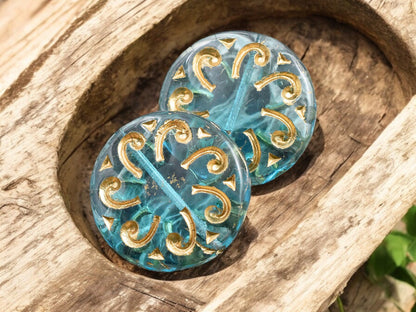 *2* 23mm Gold Washed Aqua Sun Coin Beads