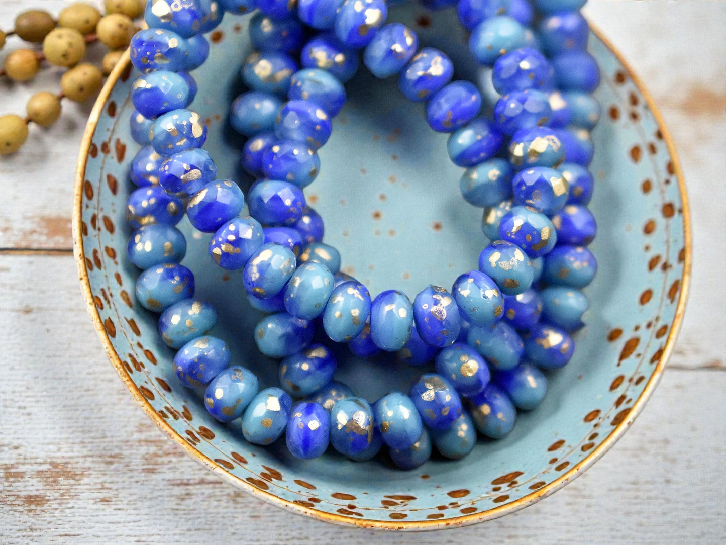 *30* 3x5mm Antique Gold Washed Blended Turquoise & Royal Blue Silk Fire Polished Rondelle Beads