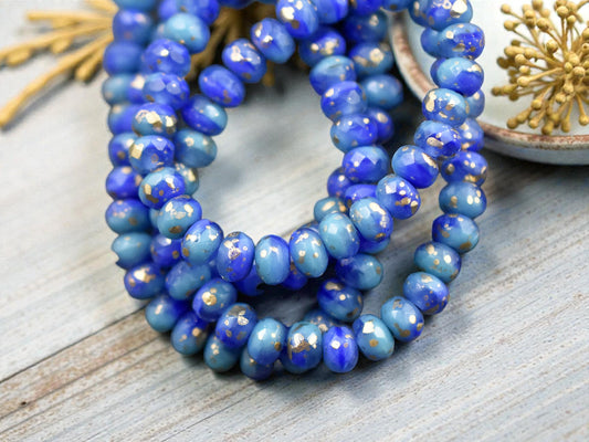 *30* 3x5mm Antique Gold Washed Blended Turquoise & Royal Blue Silk Fire Polished Rondelle Beads