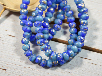 *30* 3x5mm Antique Gold Washed Blended Turquoise & Royal Blue Silk Fire Polished Rondelle Beads