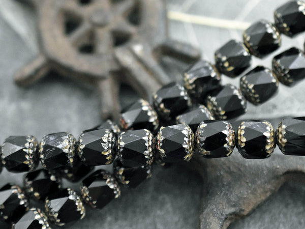 *12* 10mm Jet Black Luster Picasso Fire Polished Cathedral Beads