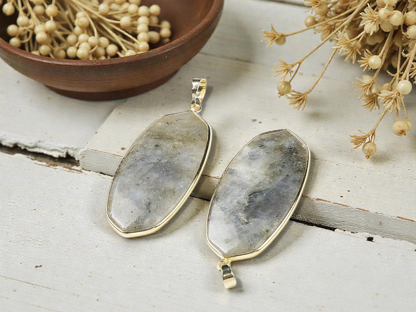 48x22mm Gold Plated Brass Oval Labradorite Pendant