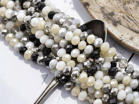 6x8mm Mixed Black & White Electroplated Glass Faceted Rondelle Beads (16" Strand)