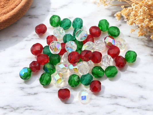 *50* 6mm Red/Green/Crystal Christmas Fire Polished Round Bead Mix