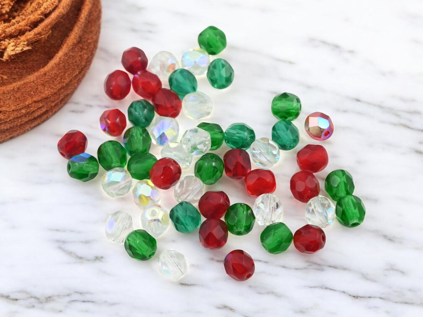 *50* 6mm Red/Green/Crystal Christmas Fire Polished Round Bead Mix