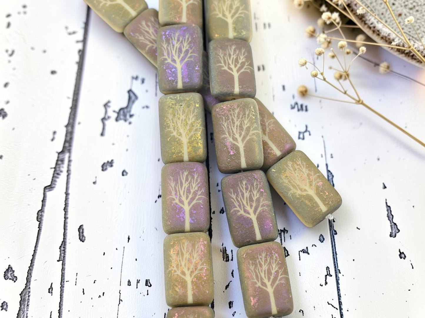 *6* 18x12mm Matte Ivory Sliperit Tree of Life Laser Tattoo Rectangle Beads