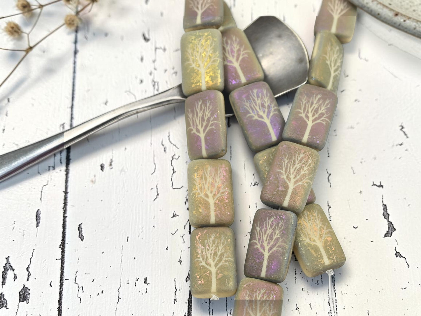 *6* 18x12mm Matte Ivory Sliperit Tree of Life Laser Tattoo Rectangle Beads