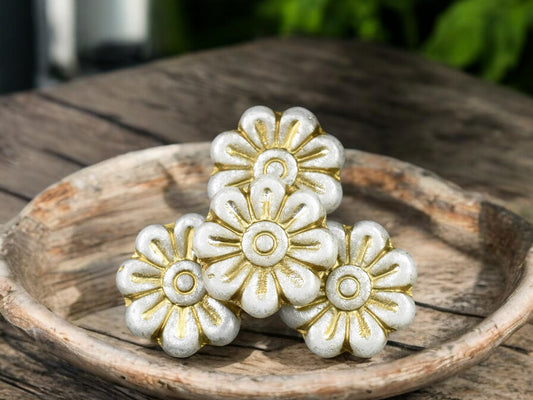 *6* 18mm Gold Washed Silver Lustered Opaque White Daisy Flower Beads