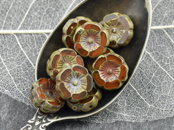 *12* 12mm Burnt Orange Opaline Picasso Table Cut Hawaiian Flower Beads