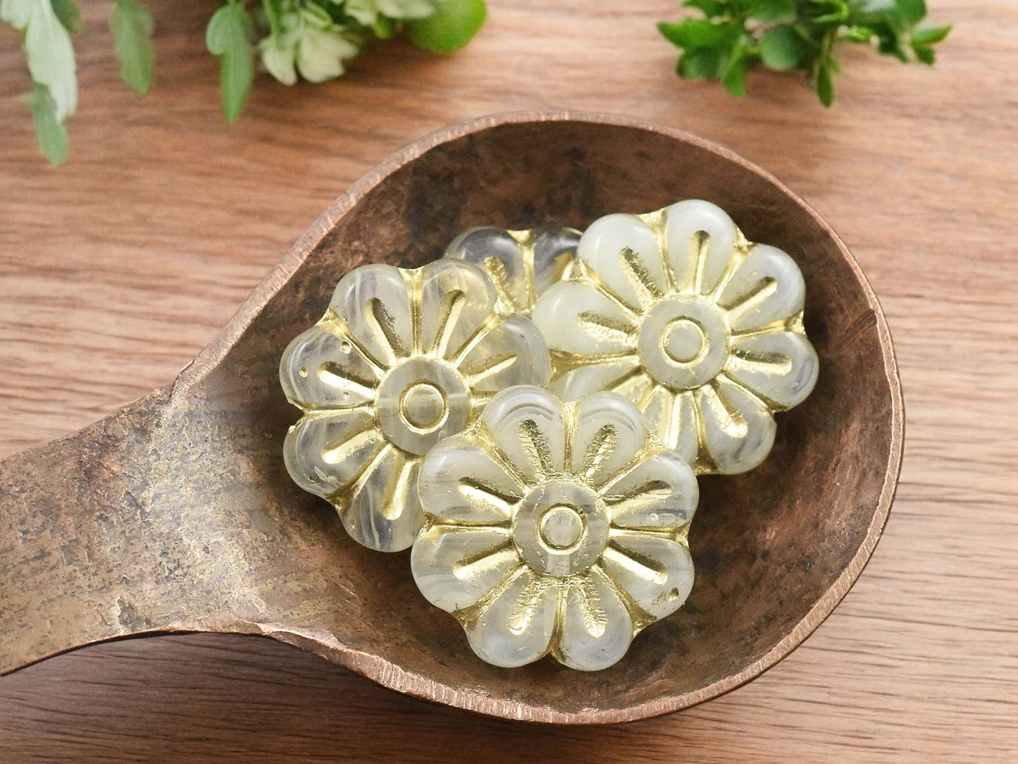 *6* 18mm Bronze Washed Milky White Crystal Daisy Flower Beads