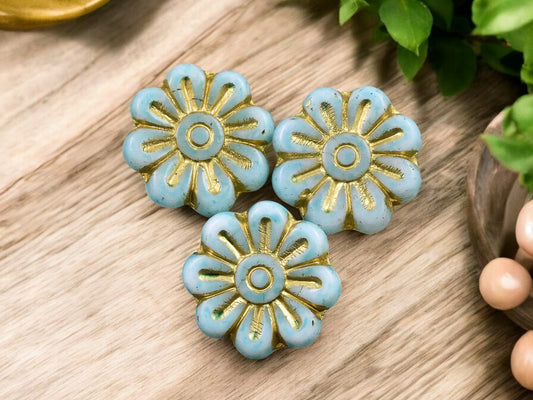 *6* 18mm Gold Washed Sky Blue Daisy Flower Beads