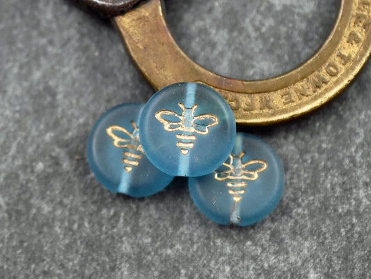 *12* 12mm Gold Washed Matte Aqua Blue Bee Coin Beads