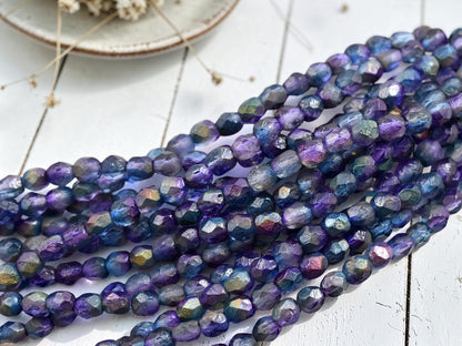 *25* 6mm Etched Magic Blueberry Fire Polished Round Beads