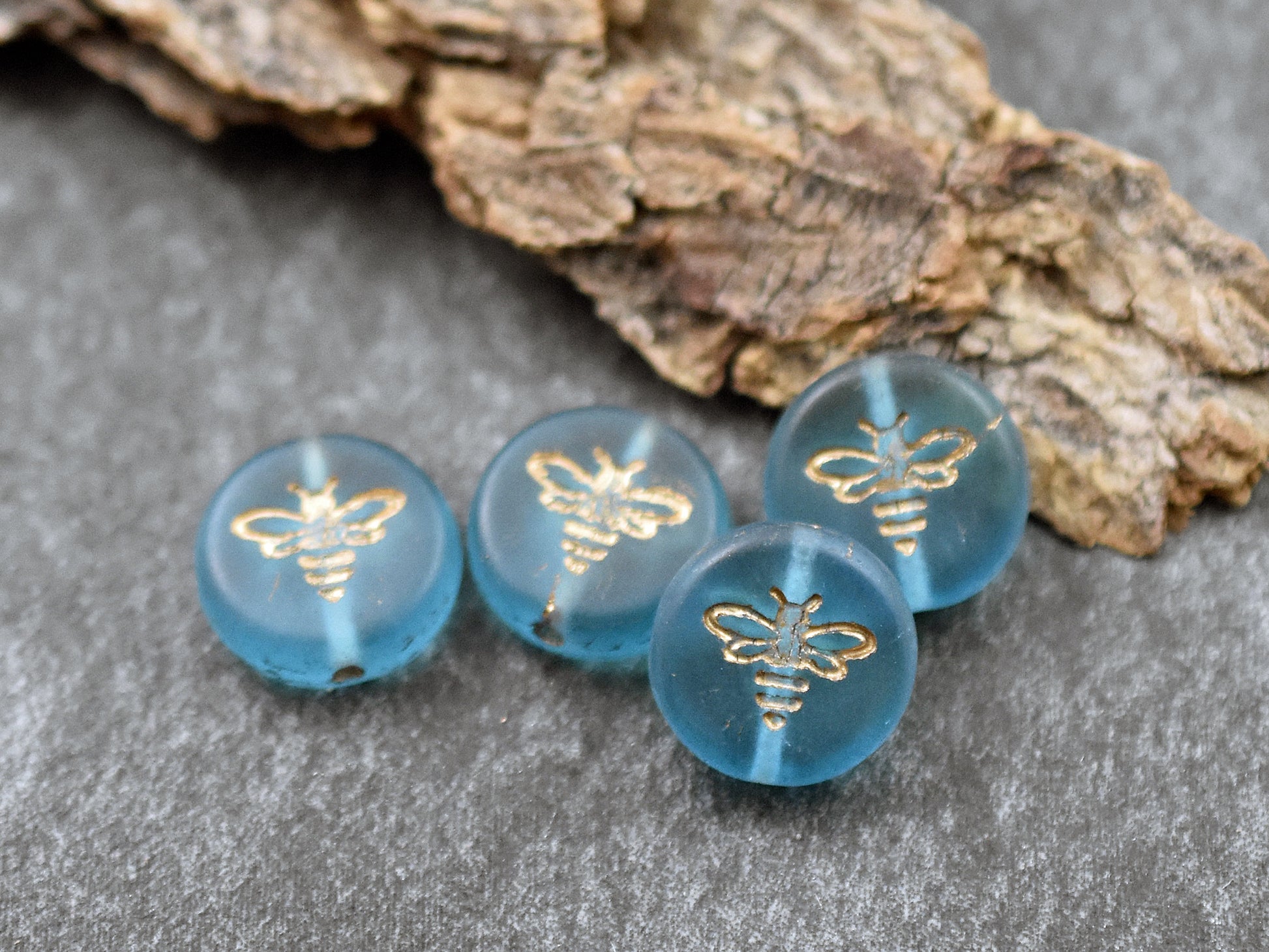12* 12mm Gold Washed Matte Aqua Blue Bee Coin Beads – The Bead