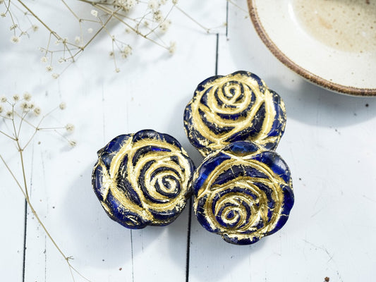 *6* 14mm Bronze Washed Cobalt Rose Flower Beads