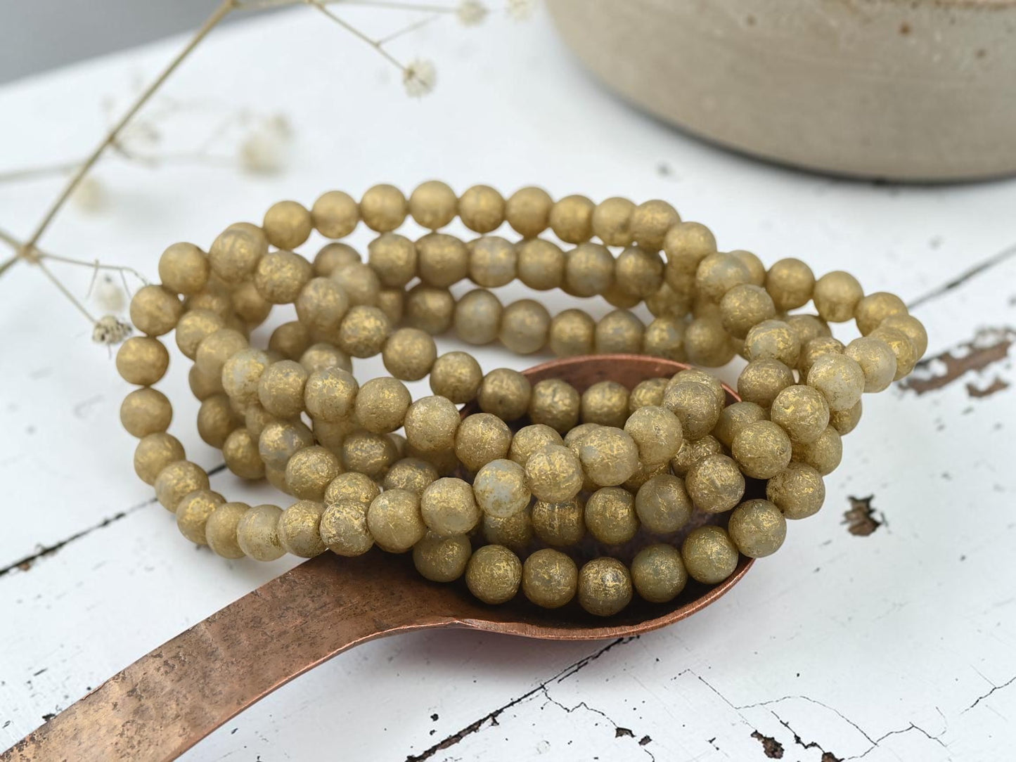 *30* 6mm Gold Etched Matte Translucent Champagne Round Druk Beads