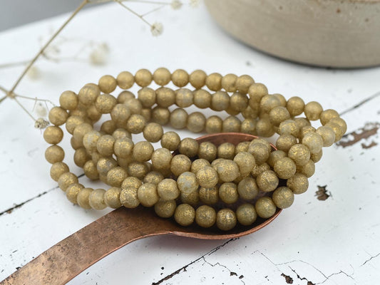 *30* 6mm Gold Etched Matte Translucent Champagne Round Druk Beads