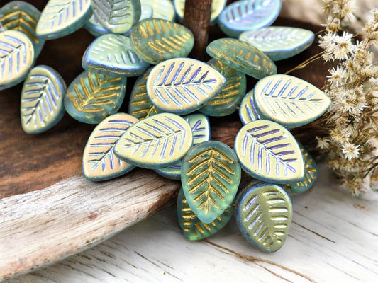 *15* 16x12mm Gold Washed Matte Aqua Blue AB Top Drilled Dogwood Leaf Beads