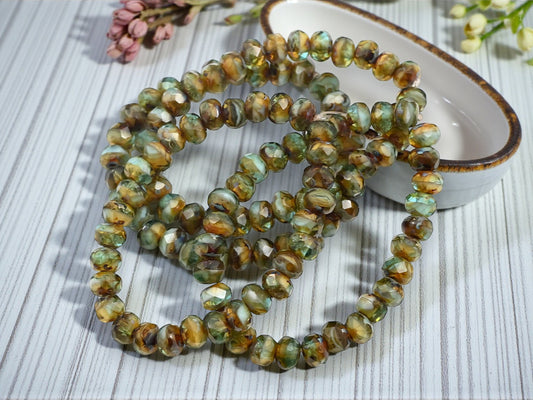 *30* 3x5mm Blended Amber Aqua Picasso Fire Polished Rondelle Beads