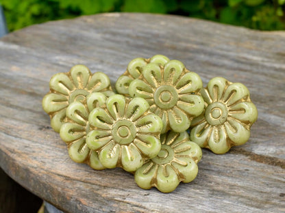 *6* 18mm Gold Washed Citrus Green Daisy Flower Beads