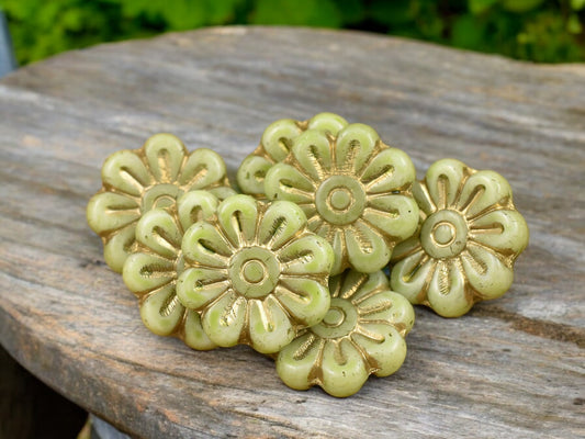 *6* 18mm Gold Washed Citrus Green Daisy Flower Beads