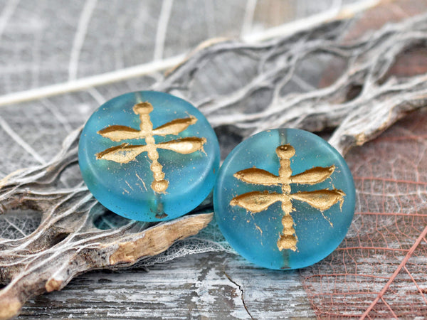 *4* 18mm Gold Washed Matte Capri Blue Dragonfly Coin Beads