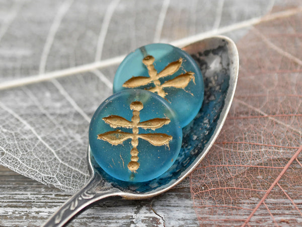 *4* 18mm Gold Washed Matte Capri Blue Dragonfly Coin Beads