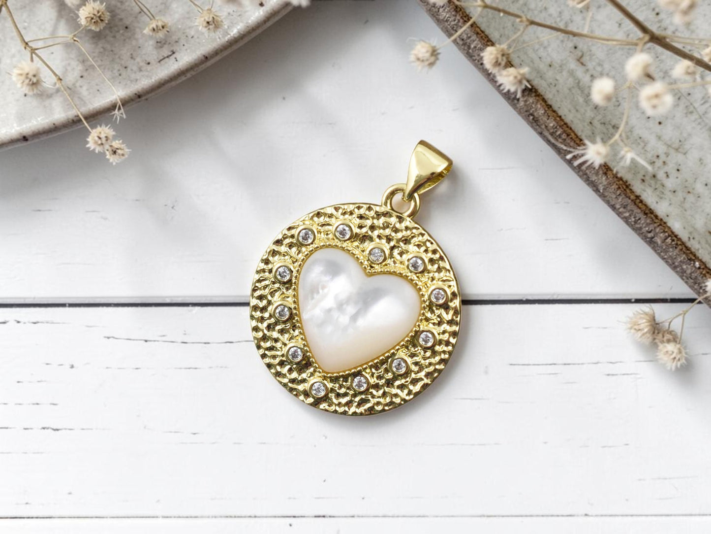 25x22mm 18k Plated CZ Hammered Heart  Pendant