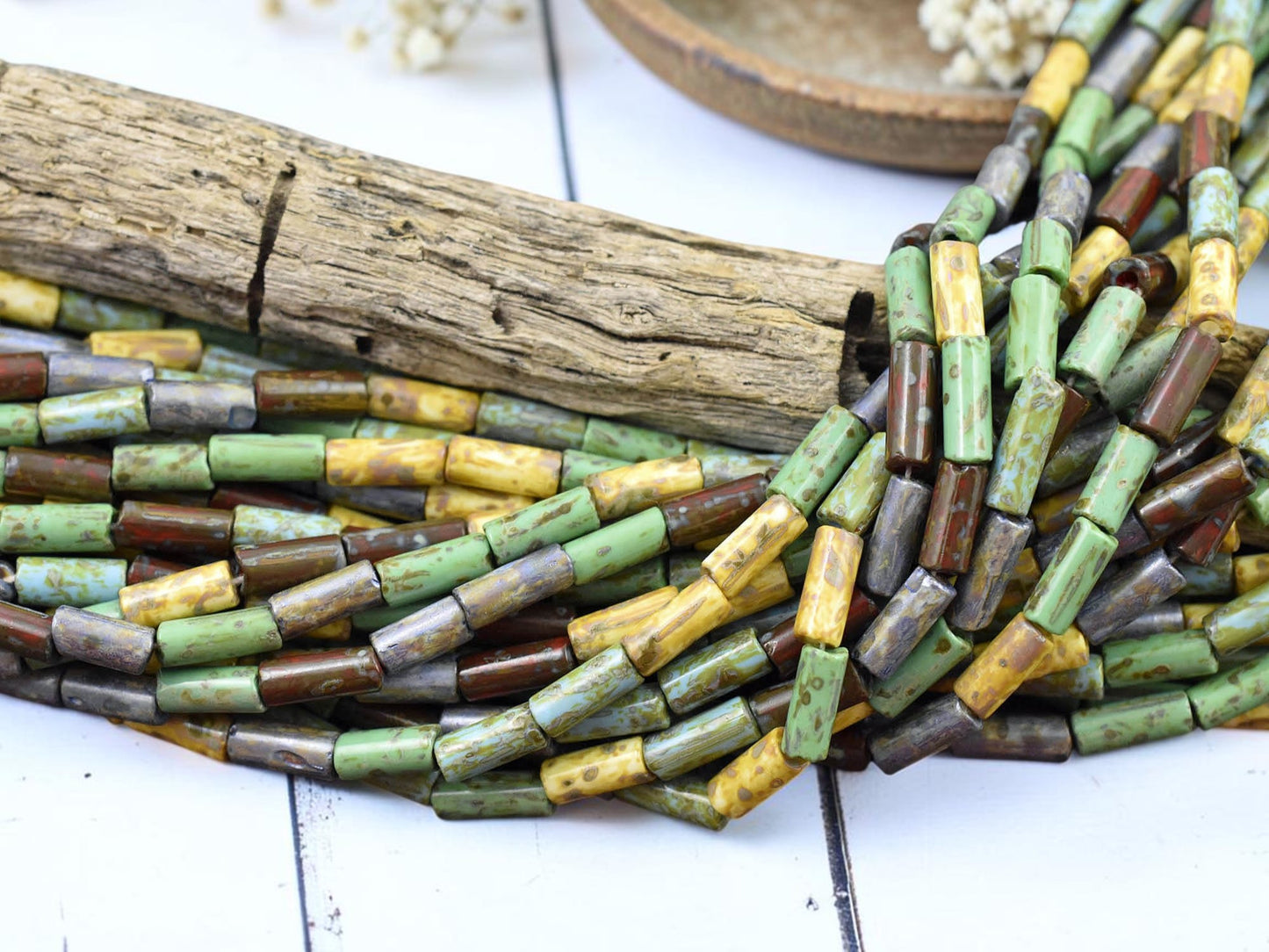 9x4mm Aged Multi Picasso Bugle Bead Mix (20" Strand)