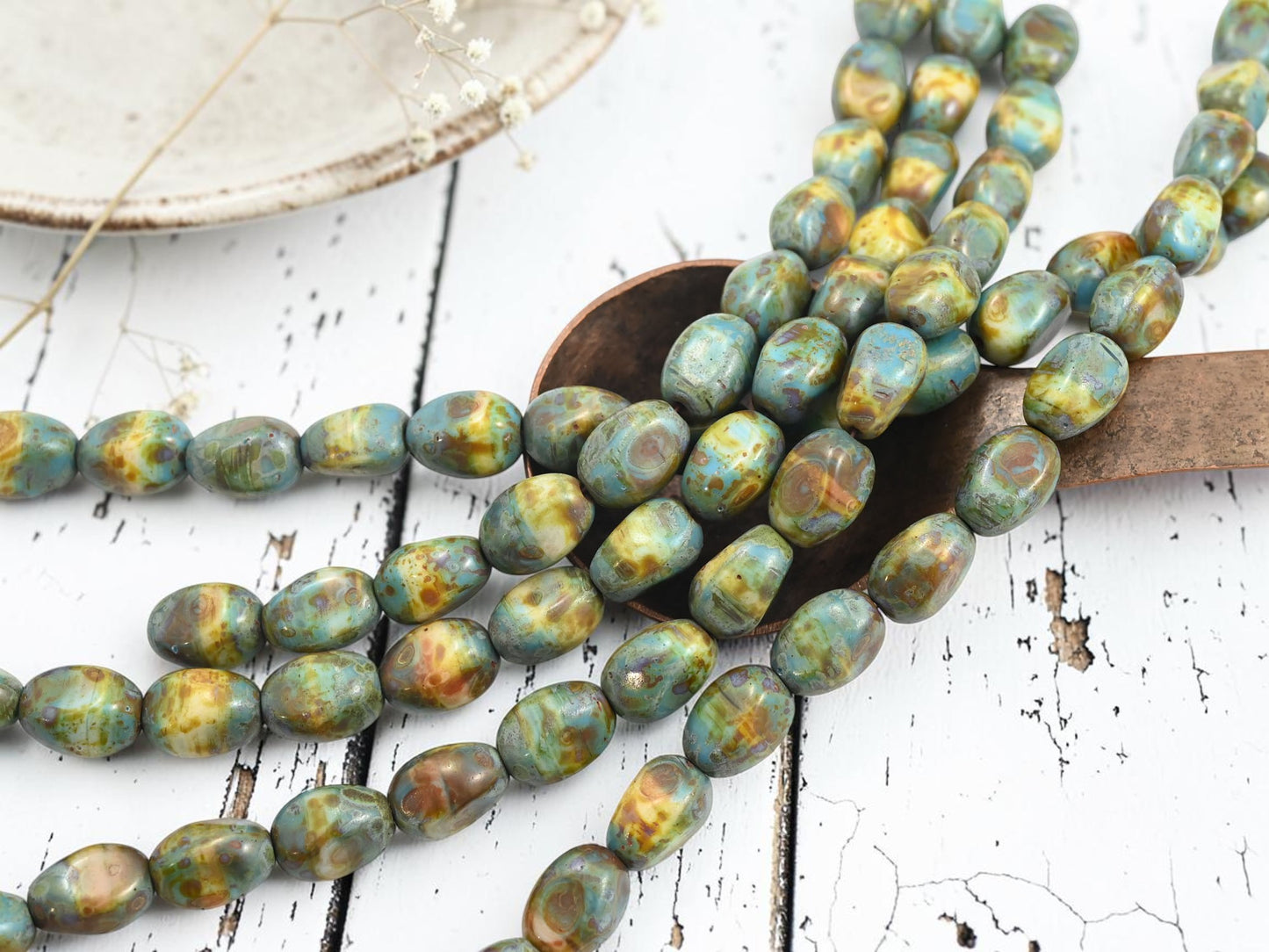 *15* 12x9mm Blended Turquoise Beige Picasso Oval Nugget Beads