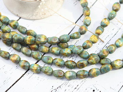*15* 12x9mm Blended Turquoise Beige Picasso Oval Nugget Beads