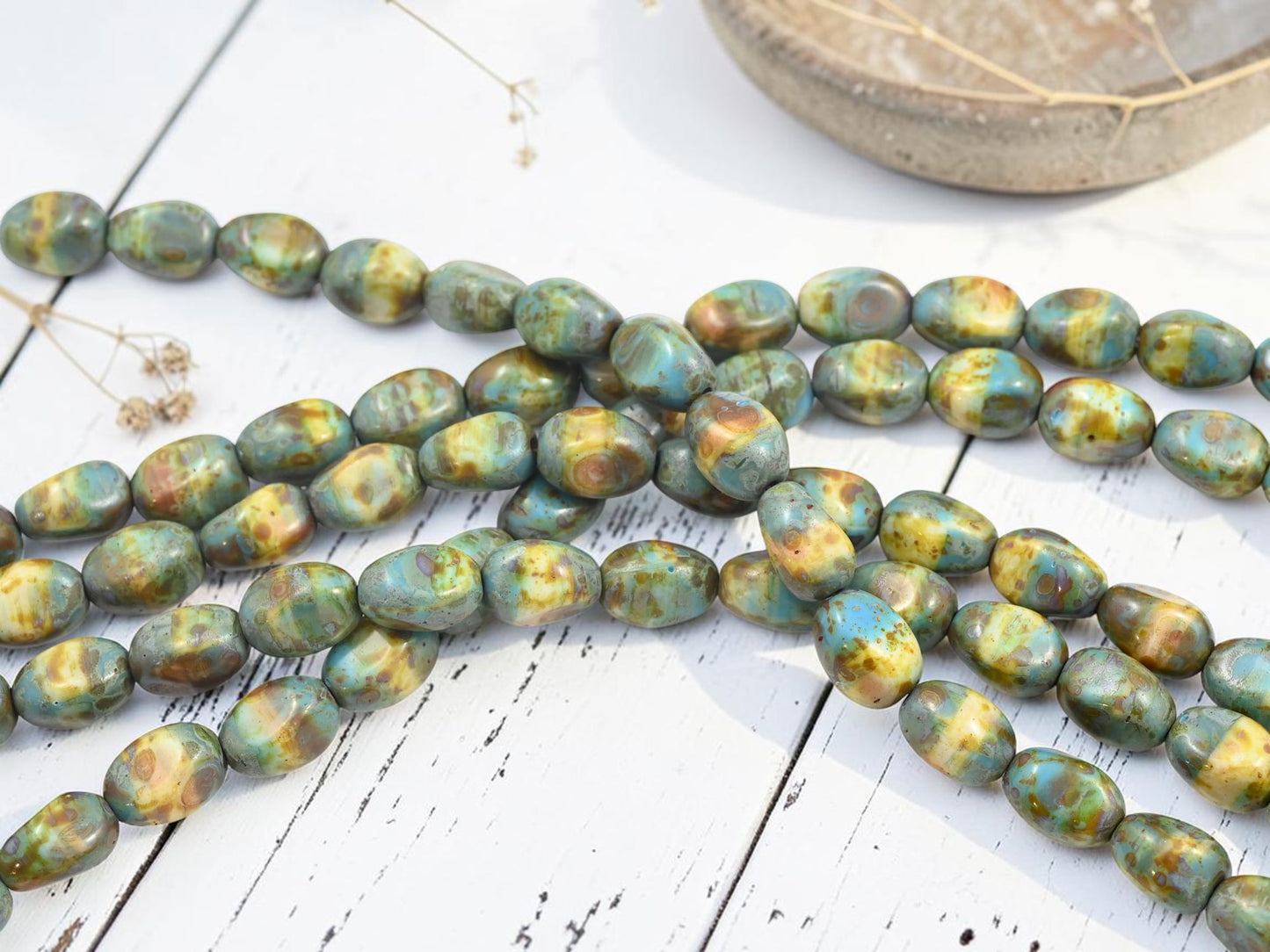 *15* 12x9mm Blended Turquoise Beige Picasso Oval Nugget Beads
