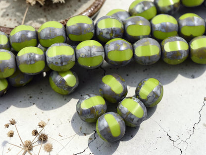 *10* 10mm Chartreuse Picasso Window Cut Round Beads