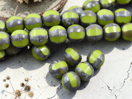 *10* 10mm Chartreuse Picasso Window Cut Round Beads