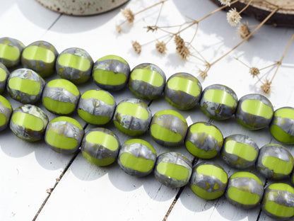 *10* 10mm Chartreuse Picasso Window Cut Round Beads