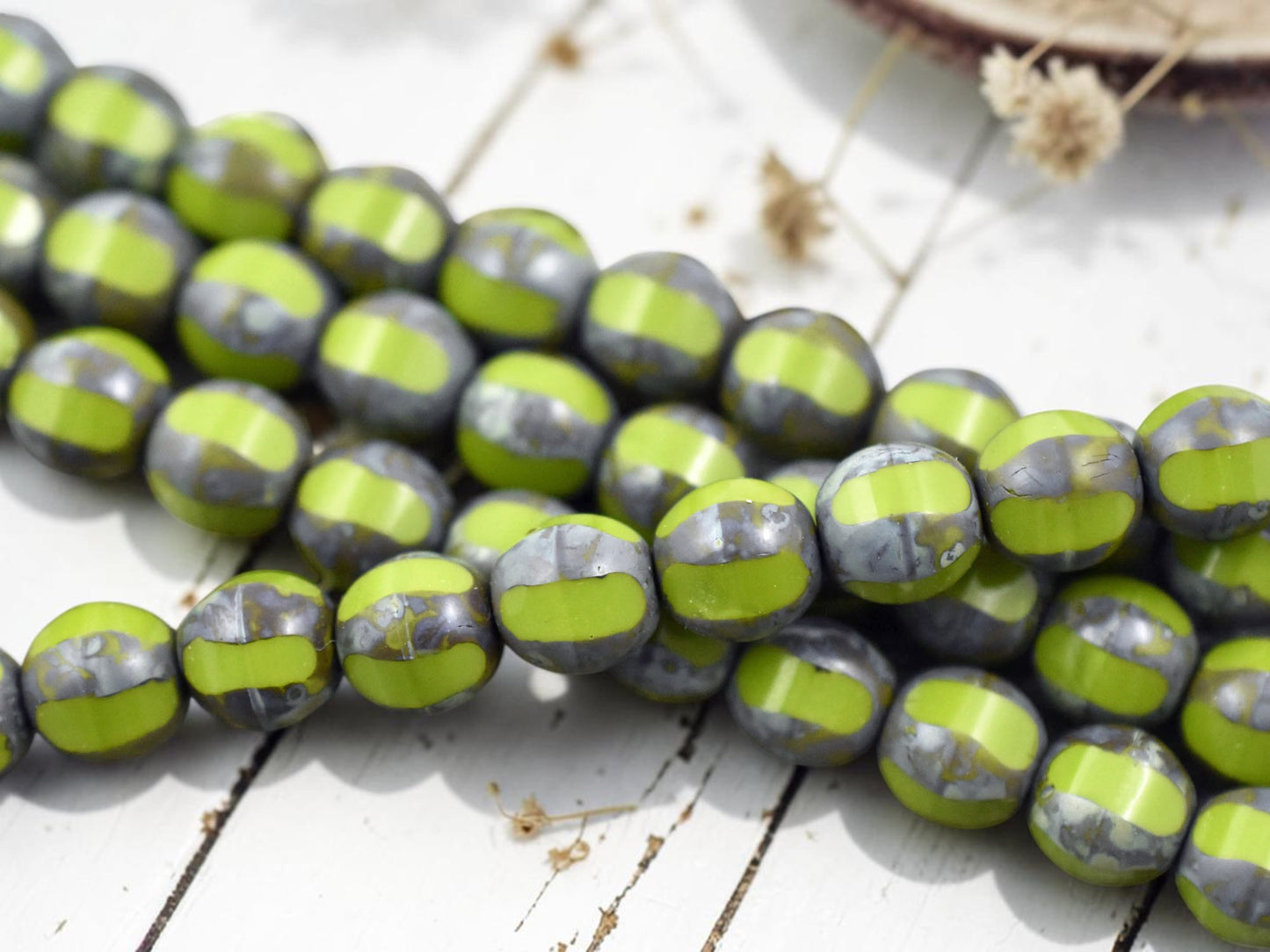 *10* 10mm Chartreuse Picasso Window Cut Round Beads