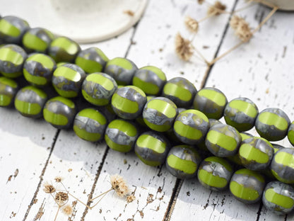 *10* 10mm Chartreuse Picasso Window Cut Round Beads