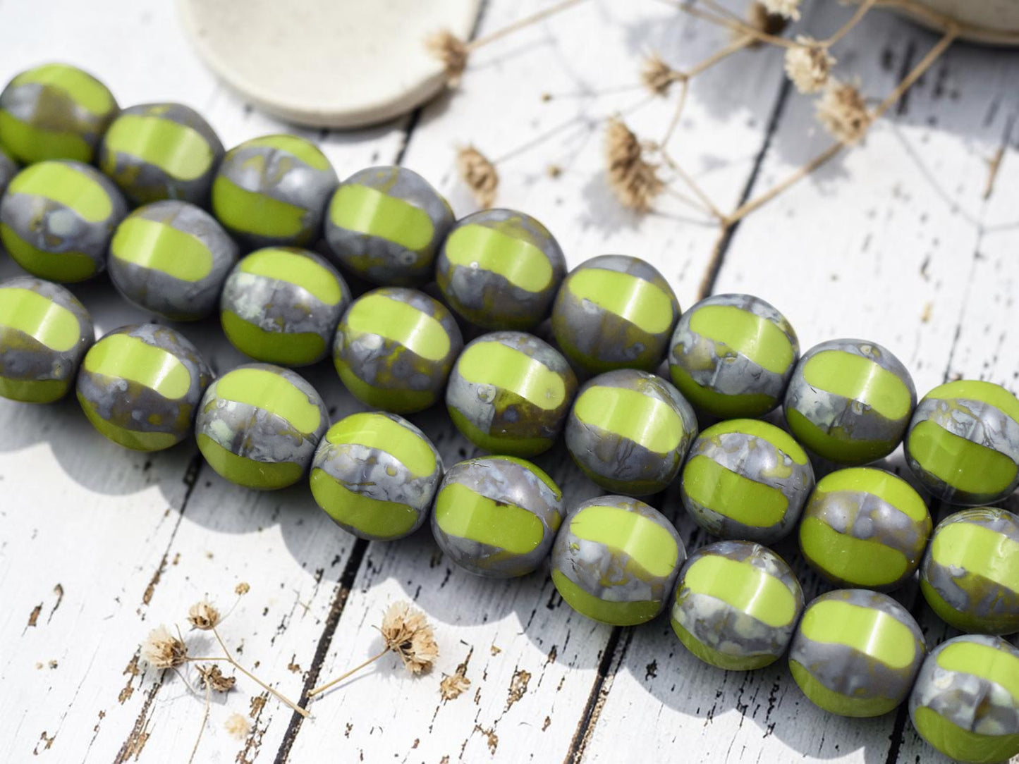 *10* 10mm Chartreuse Picasso Window Cut Round Beads