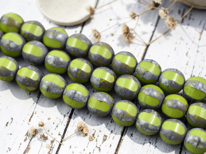 *10* 10mm Chartreuse Picasso Window Cut Round Beads