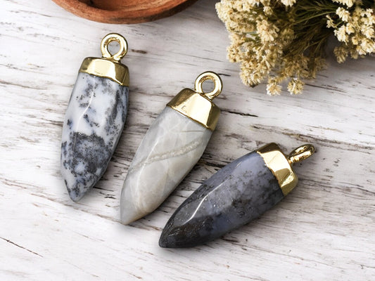 25-26mm Gold Tone Natural Flower Agate Pointed Bullet Pendant