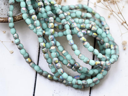 *50* 3mm Silver Rainow Washed Etched Matte Aqua Opal Fire Polished Round Beads