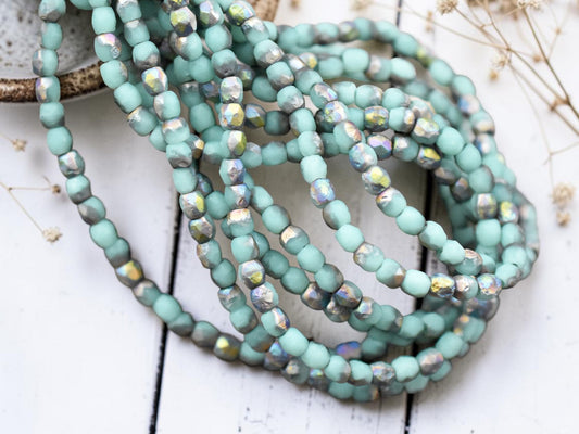 *50* 3mm Silver Rainow Washed Etched Matte Aqua Opal Fire Polished Round Beads