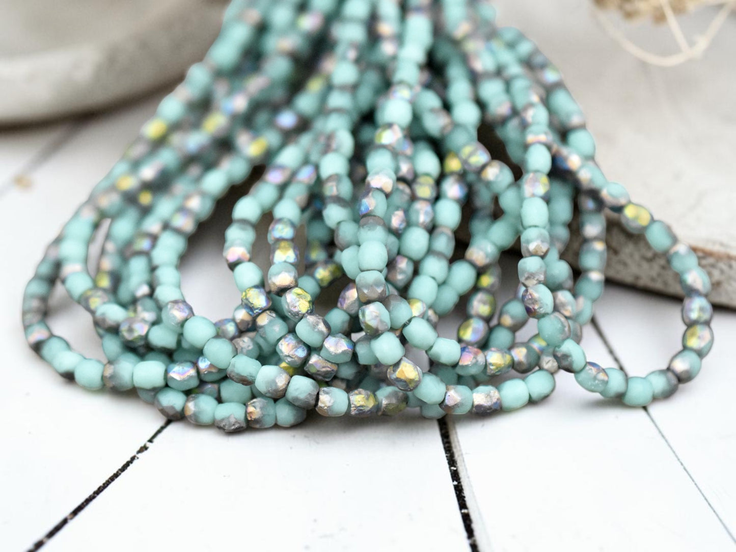*50* 3mm Silver Rainow Washed Etched Matte Aqua Opal Fire Polished Round Beads