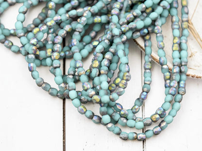 *50* 3mm Silver Rainow Washed Etched Matte Aqua Opal Fire Polished Round Beads